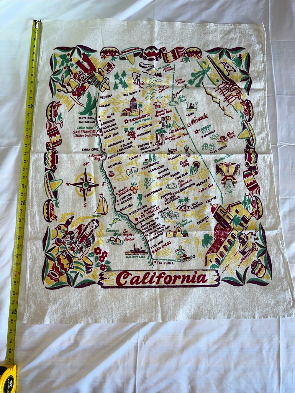 Vintage California State Linen Map Towel Table Cloth EUC